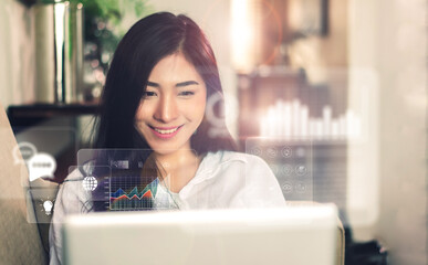 Business people using computer laptop HUD screen display projection, reading charts graphs...