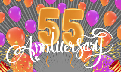 55th Anniversary celebration. Golden numbers with sparkling confetti and Balloon