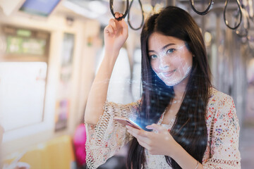 Face detection AI technology, facial recognition security user identification access, Asian girl...