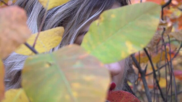 Young pretty girl portrait with yellow mapple leaf closed face
