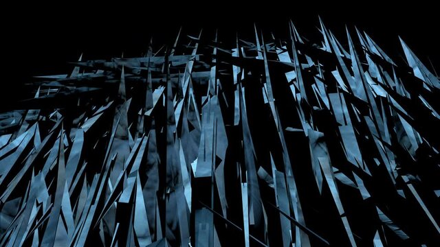 Abstract background..3d rendering animation..Saber blue sharp photorealistic geometric shapes in rotation..Metal or crystal structure on a black background..Futuristic concept..Space for copy text.