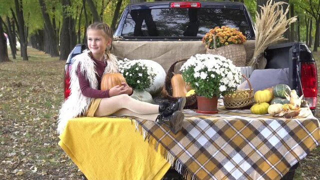Slow Motion girl celebrate Halloween and have fun. Kids trick or treating