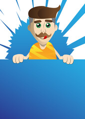 Cartoon prehistoric man holding blank sign. Vector illustration of a man from the stone age with a big banner, paper, poster.