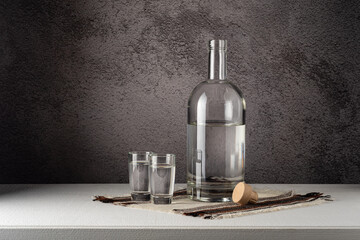 A glass bottle with glasses, a strong drink, on a white countertop against a gray wall