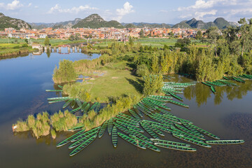 Aerial view of wooden boats in Puzhehei, Yunnan - China