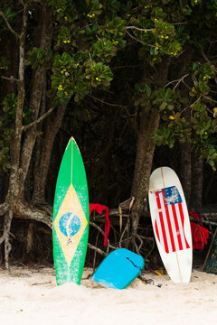 Surfboards on beach, Ilha Grande, Rio de Janeiro, Brazil