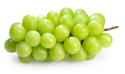  Japanese Shine Muscat Grape with leaves isolated on white background,Sweet Green grape isolated on white With clipping path.