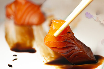Salmon sashimi with teriyaki sauce