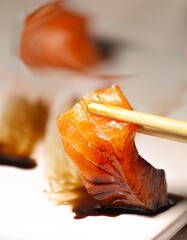 Salmon sashimi with teriyaki sauce