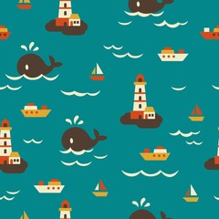 Sea Life and Light House Vector Graphic Illustration Seamless Pattern
