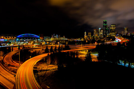 Night city view of Seattle city scape at night time,Long Exposure picture of Downtown Seattle,WA,  USA