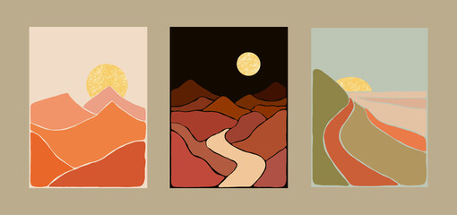 Abstract Bohemian Art Landscape Terracotta and Mint Green Tones. Boho Style. Mountain View, Sun, Moon, Hills. Vector Art Poster.