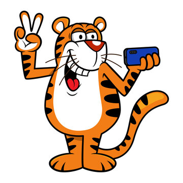 Funny Tiger cartoon characters, making peace finger gesture and taking selfie picture with smartphones, best for mascot or logo for zoo, or safari on holiday