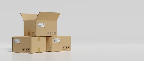 Fotobehang 3D rendering, cardboard boxes stacked in the storage warehouse © bongkarn
