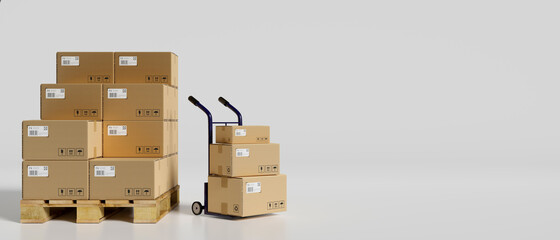 3D rendering, heap of cardboard boxes in the warehouse with a cart in white background - obrazy, fototapety, plakaty