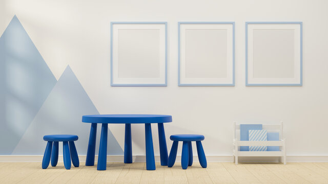3D rendering, kid playroom interior design with blue round table, chairs mock-up frame and books shelf