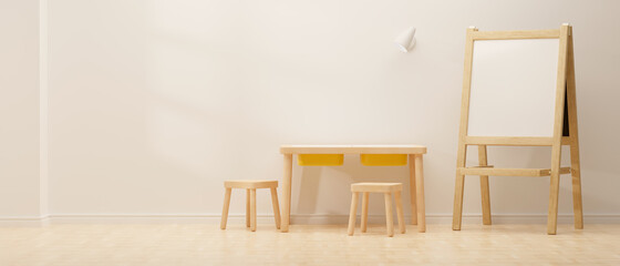 3D rendering, cozy kid room interior design with study table, chairs and white board with white...