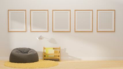 3D rendering, white reading corner interior design with mock-up frames on the wall, grey pouf,...