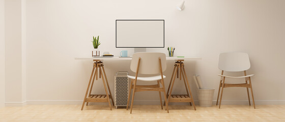 Fototapeta na wymiar White home office interior design with computer table, chairs and decorations, 3D rendering