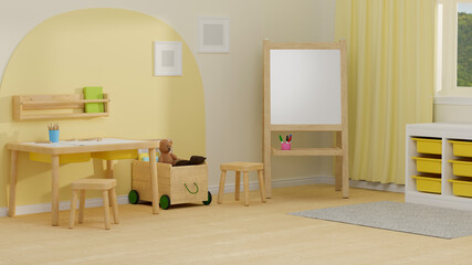 3D rendering, cozy children room interior design with study table, white board, playthings, shelves and decorations