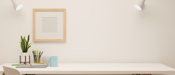 3D rendering, minimal working space with stationery and decorations on white table and mock-up frame on the wall