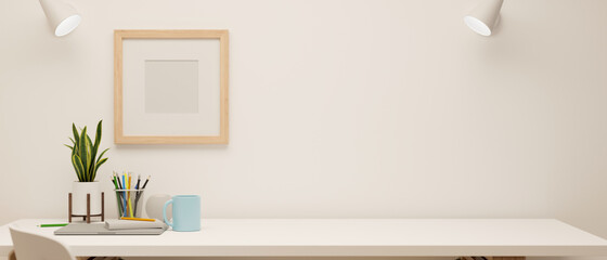 3D rendering, minimal working space with stationery and decorations on white table and mock-up...