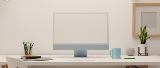 3D rendering, computer with mock-up screen on white table with stationery and decoration in minimal room
