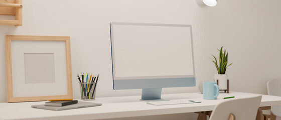 3D rendering, computer device with mock-up screen on white table with stationery and decoration, side view