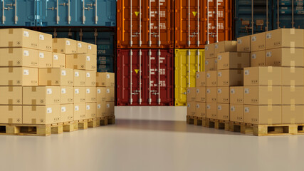 Two stack of cardboard boxes on pallet in storage warehouse with container in the back, 3D rendering