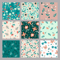 Collection of simple seamless patterns with flowers. Vector graphics.