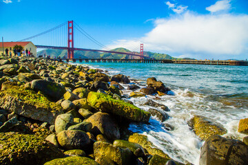 San Francisco, California - March 2016:  Touristic view of Golden Gate Bridge,  landmark in San Francisco city,USA
