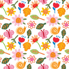 Seamless Pattern with Hand Drawn Flower and Leaf Design on White Background