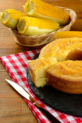 Brazilian festa junina party. Table with traditional food and sweets for Festa Junina.