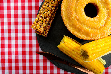 Typical Brazilian junina party sweets - Top view with copy space.