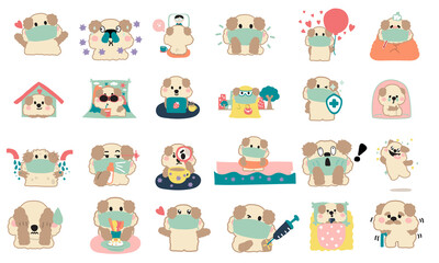 cute dogs cartoon set Life during COVID concept vector