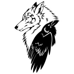 Silhouette of a muzzle of a wolf and a raven of a grak. Linear tattoo style.Design suitable for animal logo, tattoo, decor, mural, hunting club, sticker, emblem, sign, symbol, company. Isolated vector