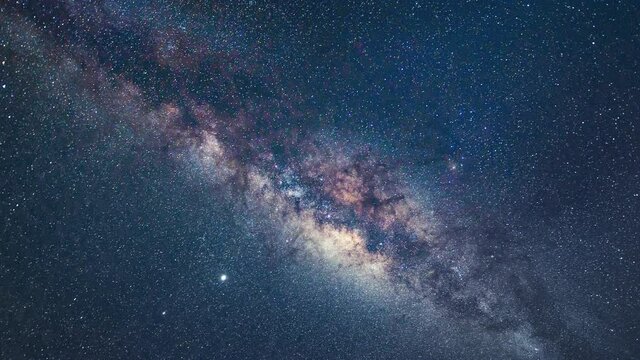 Time lapse of the milky way with bright stars on blue sky at night. Natural universe space landscape background. It is the galaxy that contains our Solar System