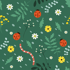 cute seamless pattern with hand drawn meadow flowers, herbs and ladybirds in green tones. summer background in flat style. pattern for printing on fabric, clothing, wrapping paper