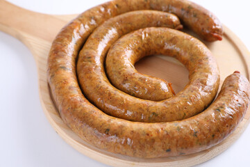 Local Northern Thai food , Northern Thai spicy sausage street food isolated in white background