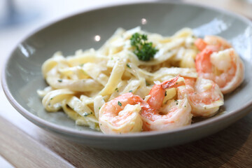 Spaghetti fettucini cream sauce with shrimp , Italian food