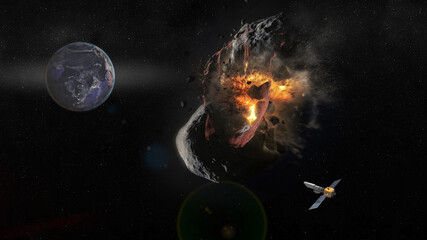 Saving planet Earth from asteroid. Explosion on a meteorite flying to the Earth. Spaceship flies away after a successful mission. Collage. Elements of this image furnished by NASA. © elen31
