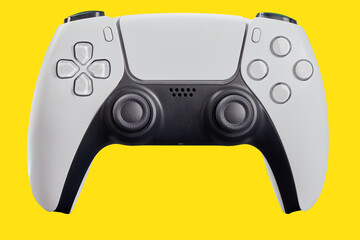 next generation joystick on yellow background - game controller. © Mateus