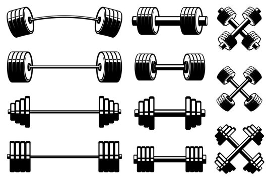 Set of barbells and dumbells in monochrome style. Design element for logo, label, sign, emblem. Vector illustration