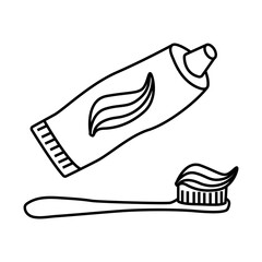 Toothpaste and toothbrush, doodle. Vector illustration. Doodle style hand-drawn by an outline.