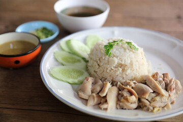 Thai food gourmet steamed chicken with rice on wood background
