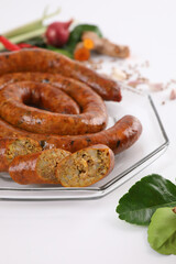 Local Northern Thai food , Northern Thai spicy sausage street food isolated in white background