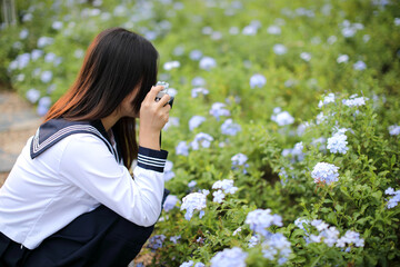 Asian school girl with camera taking photo a flowers in garden