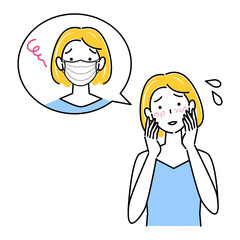 スキンケア マスクの着用が原因で肌荒れになった女性 イラスト シンプル ベクター 
