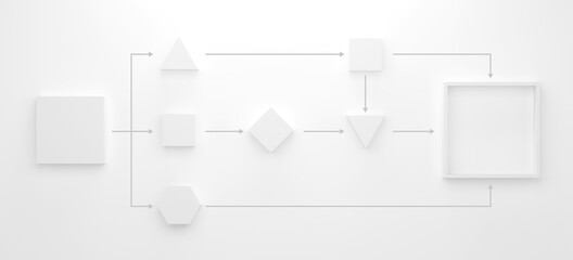 Business process and workflow automation with flowchart. Geometry arranging processing management on white theme. 3d illustration.
