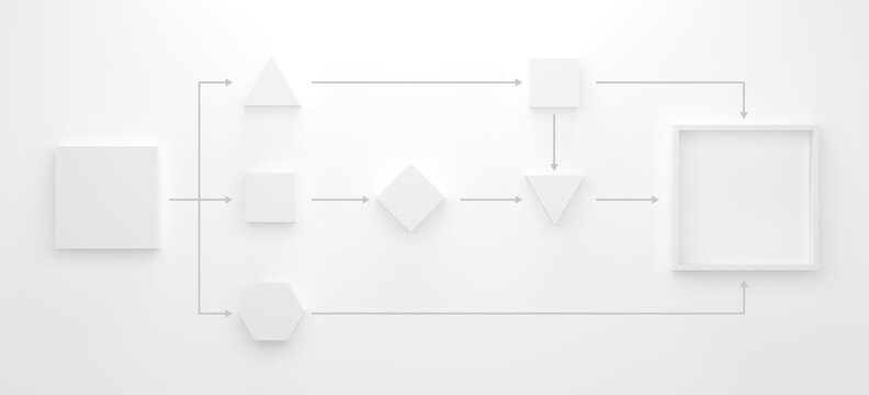 Business process and workflow automation with flowchart. Geometry arranging processing management on white theme. 3d illustration.